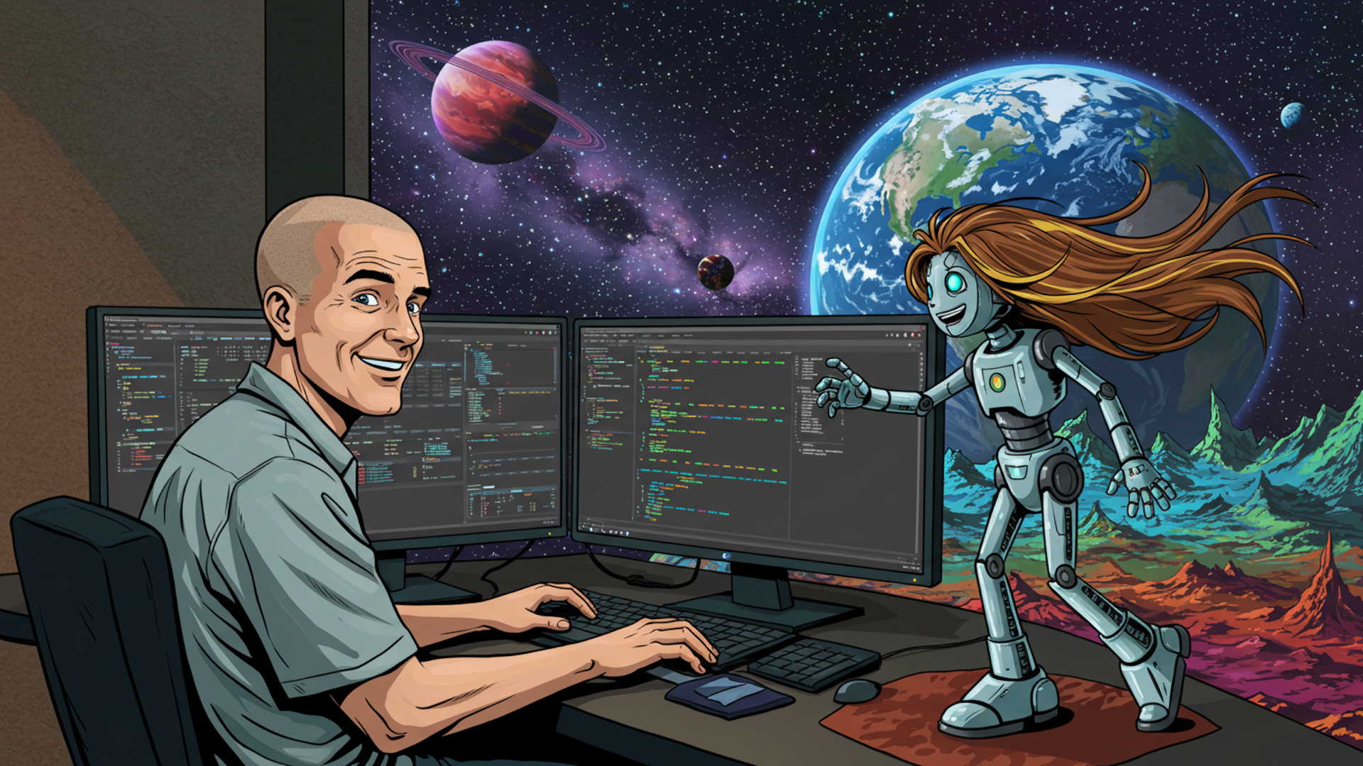 Carlo and Robot Chrissy collaborating